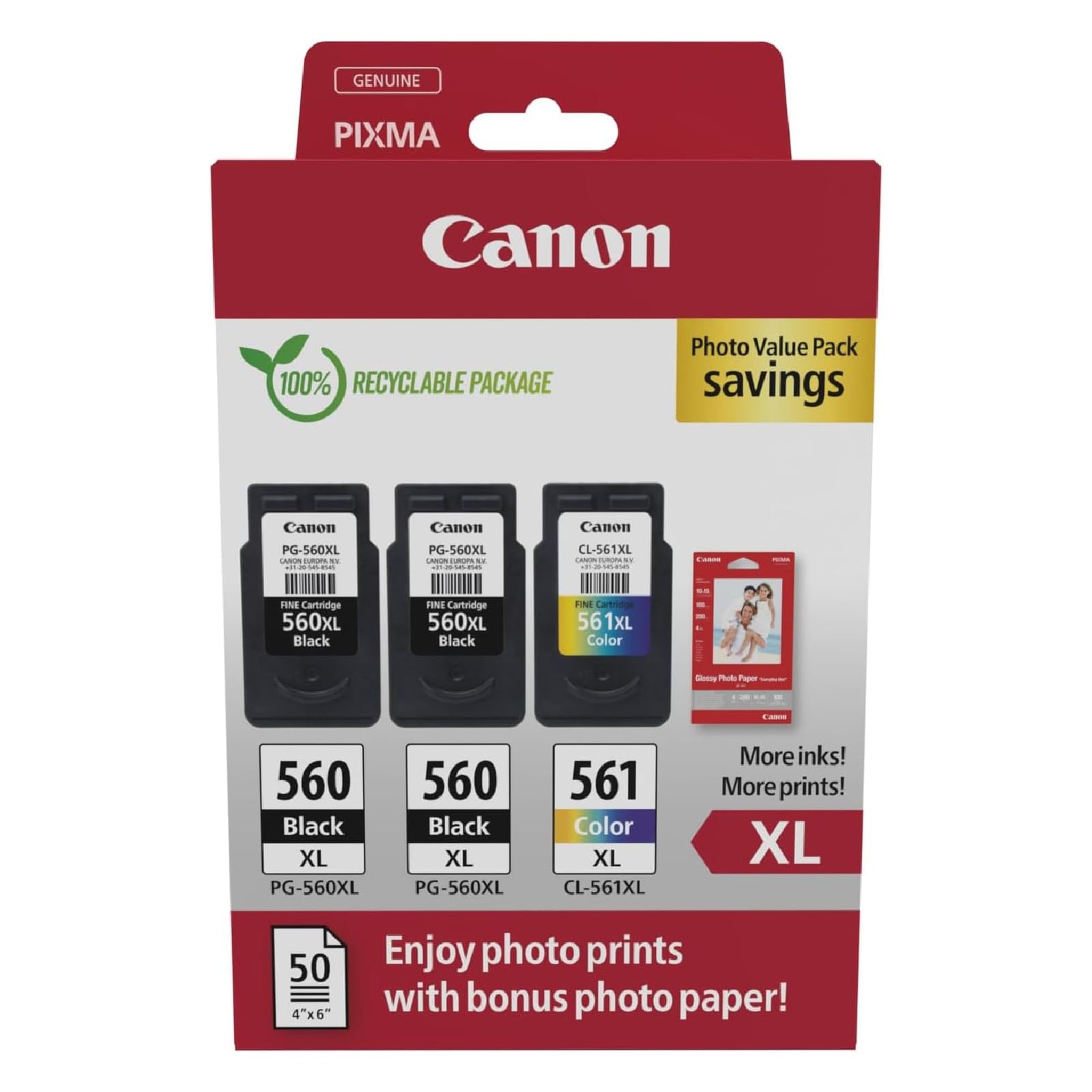 Cartouche encre Canon PG-560XL et CL-561XL pack jet encre couleur et noir