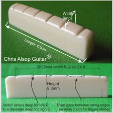 Knochen Gitarrenmutter. 43mm x 9,3mm x 6mm. 16" Radius. UK Made By Chris Alsop Gitarre