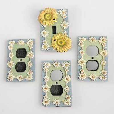 Borders Unlimited Sunflower Daisy Single Wall Plate & 3 Outlet Plates Resin EUC