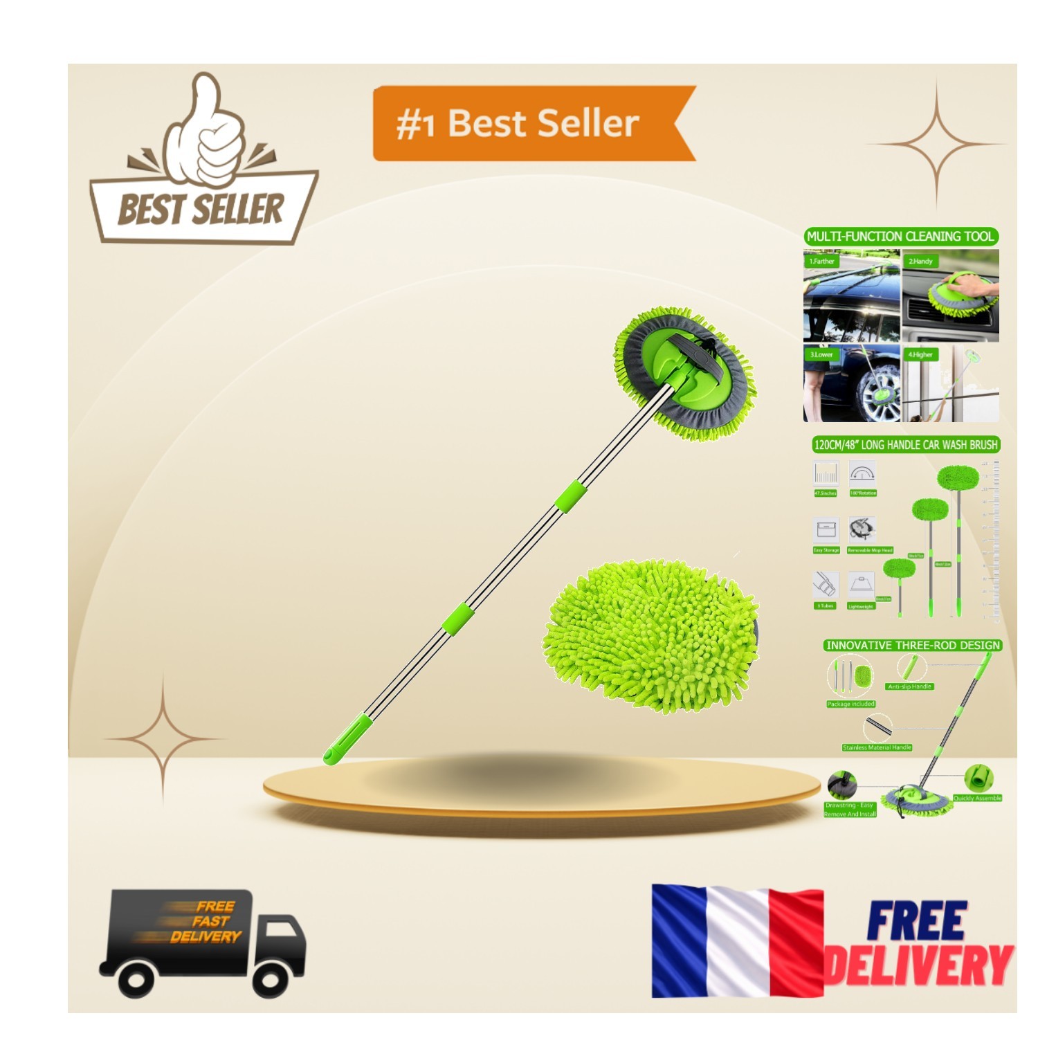 Brosse de lavage auto 2 en 1 télescopique 120cm avec gant chenille anti-rayures