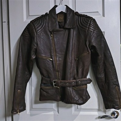 Vintage German Brown Cowhide Leather Jacket size M 80s Zip Belted Brown Womens