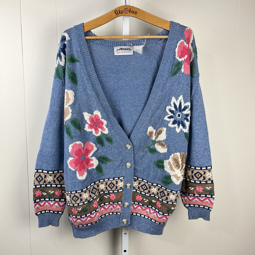 Vintage Jantzen Classics Cardigan Sweater Womens XL Blue Floral Button Front - Picture 1 of 8