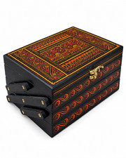 Large Hand-Painted Lacquer Jewelry Box with Orange, Red and Gold Design