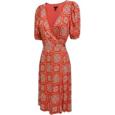 Ann Taylor Faux Wrap Midi Dress Women Medium Orange White Paisley Puff Sleeve