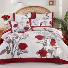 Quilt Queen Size Red Rose Bedding Set Floral Bedspread Lightweight Reversible...