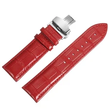 Leather Band Deployment Buckle Watch Strap 24mm Leather Strap, Red/Silver