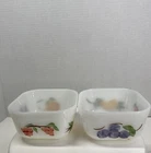 Vintage 2 Fire King Milk Glass Painted Fruit Oven Refrigerator Dish Container 4”