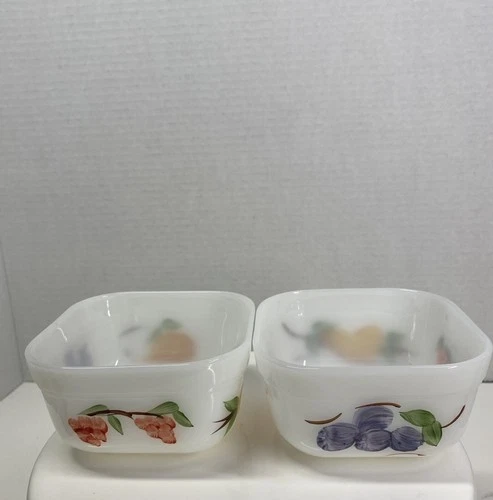 Vintage 2 Fire King Milk Glass Painted Fruit Oven Refrigerator Dish Container 4”