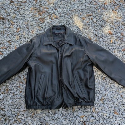 St. Johns Bay Mens Black Leather Bomber Jacket XL Full Zip Quilted