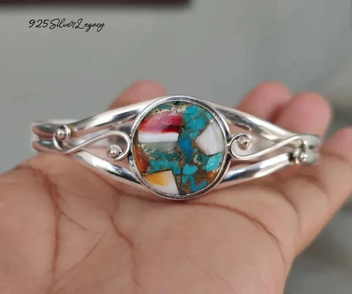 Oyster Turquoise Bangle 925 Sterling Silver Beautiful Adjustable Cuff Bracelet