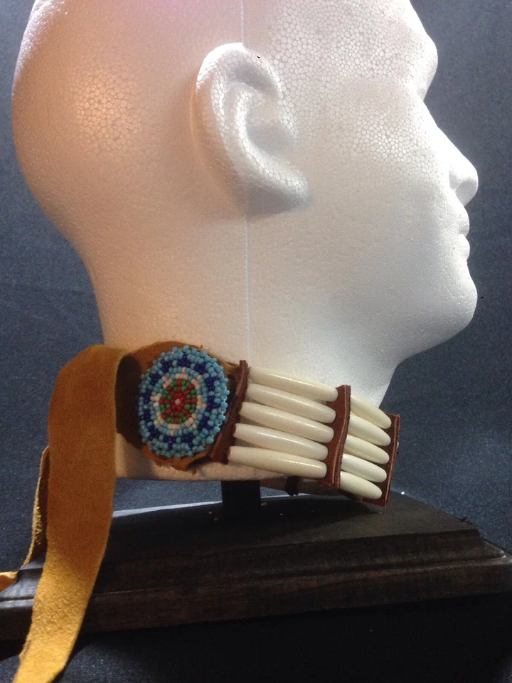 Native American Hand Made New Choker. Leather Real Bone W/ Rosette - Image 2 of 4
