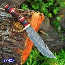 CUSTOM HANDMADE DAMASCUS STEEL HUNTING SKINNING KNIFE DEER STAG HANDLE GUTHOOK