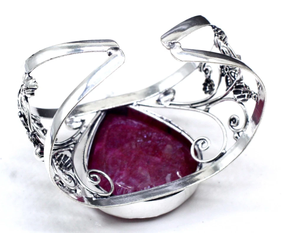 925 Sterling Silver Pink Ruby Gemstone Handmade Jewelry Cuff Bracelet Size-ADJ - Image 3 of 4