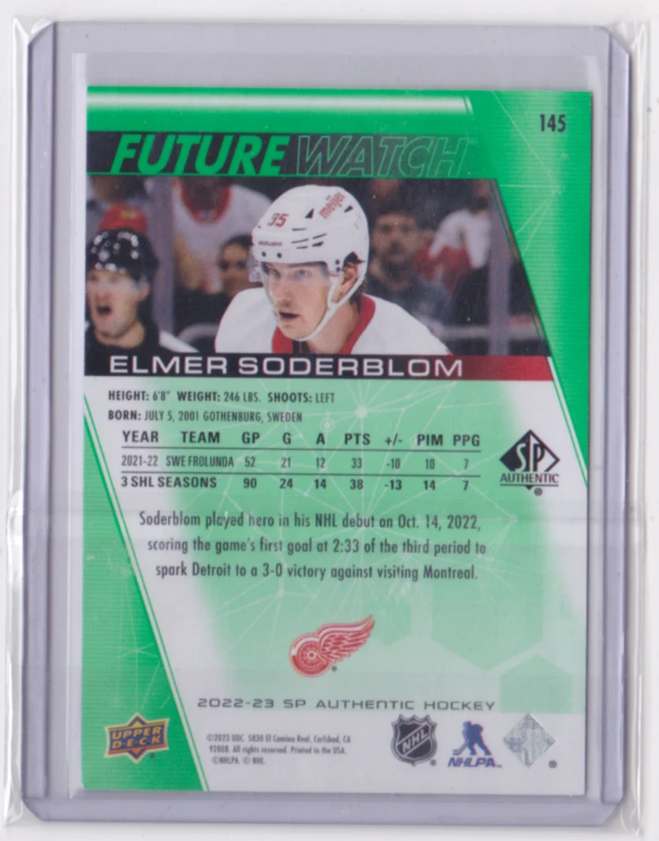 2022-23 SP AUTHENTIC FUTURE WATCH GREEN PARALLEL /199 ELMER SODERBLOM #145 WINGS - Image 2 of 2