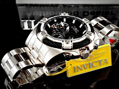 New Invicta Men's BOLT 52mm Chronograph Quartz Black Dial SS