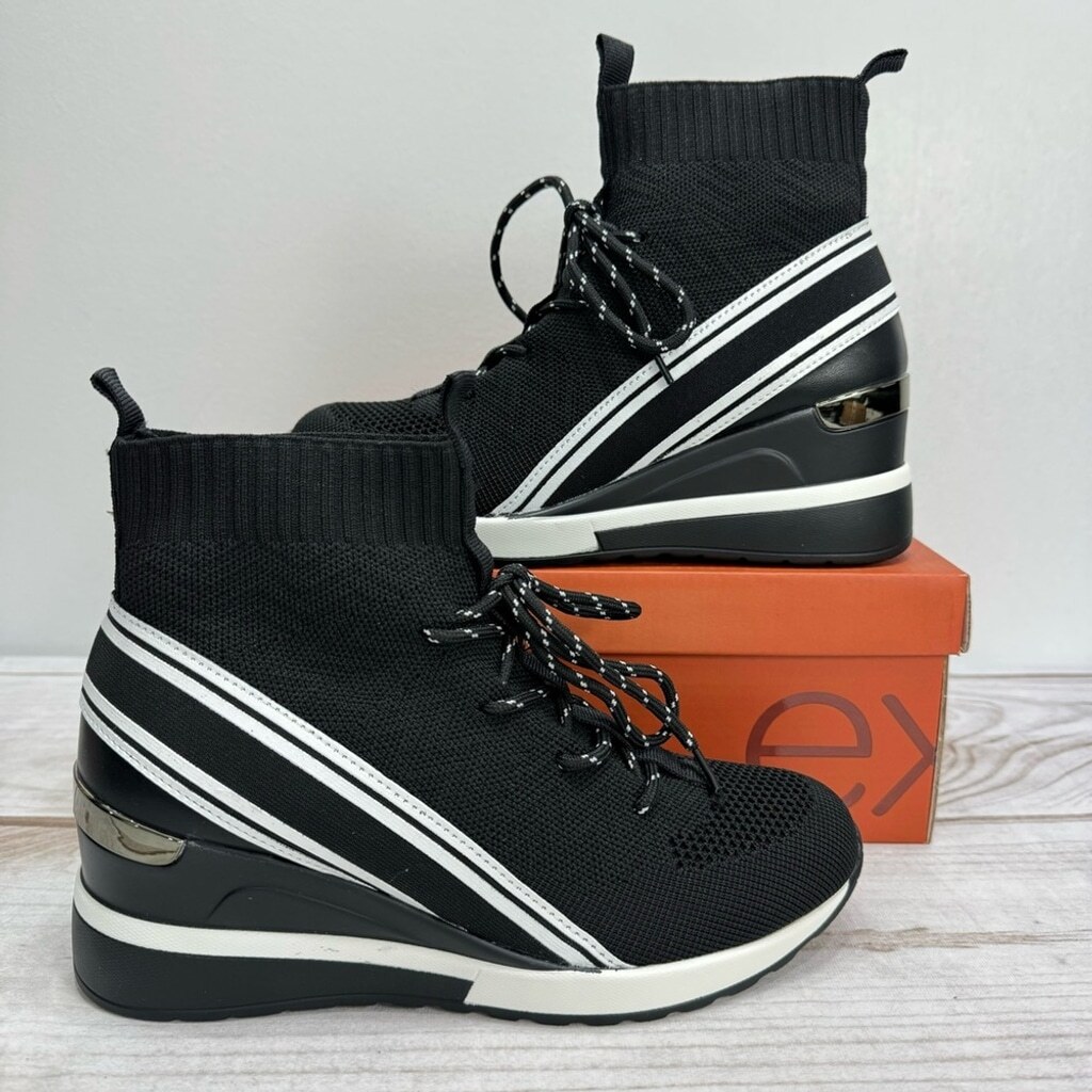 NEW exe Black White Mesh Sock High Top Lace Up Wedge Heel