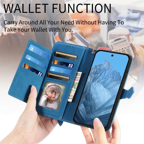 Estuche tipo billetera de cuero PU con cremallera para tarjetas para Google Pixel 9 Pro XL/9A/8 Pro/7/6A - Imagen 2 de 17