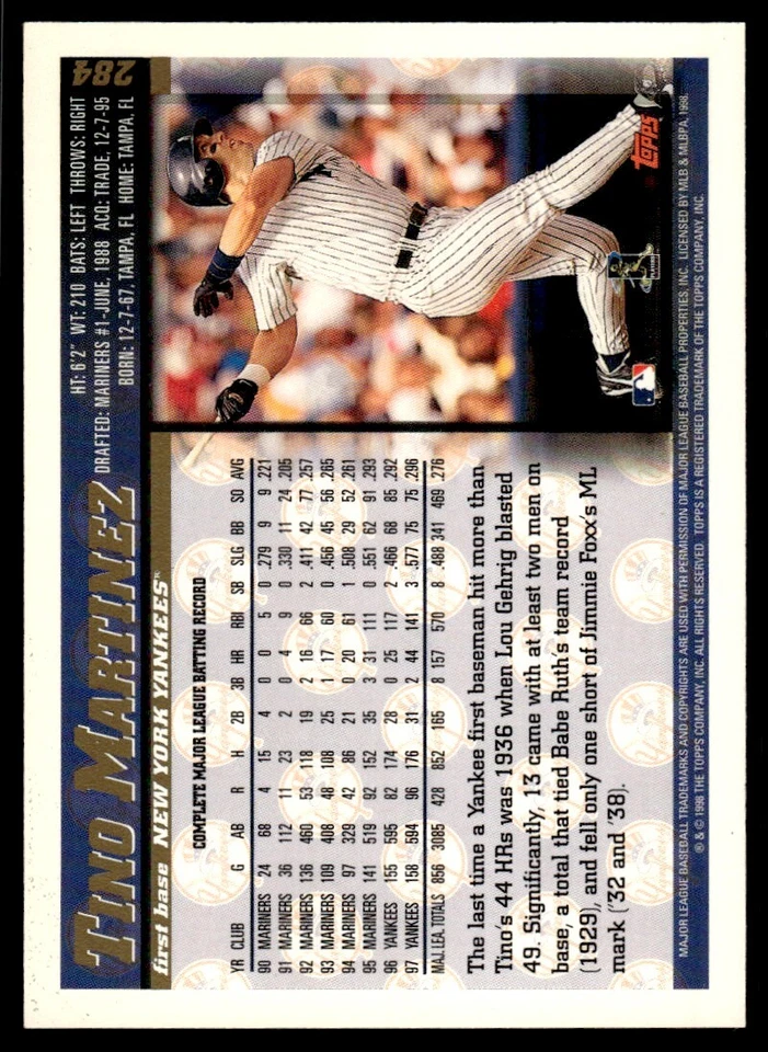 1998 Topps Baseball Card Tino Martinez New York Yankees #284 - Image 2 of 2