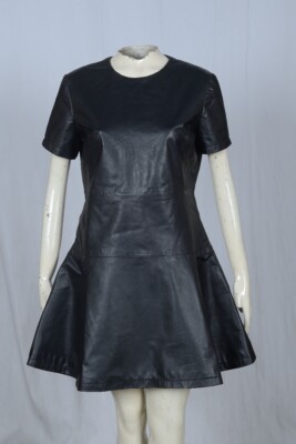 NEW BLACK REAL GENUINE LEATHER LADIES WOMAN PARTY SKATER CASUAL DRESS SIZE  6-22