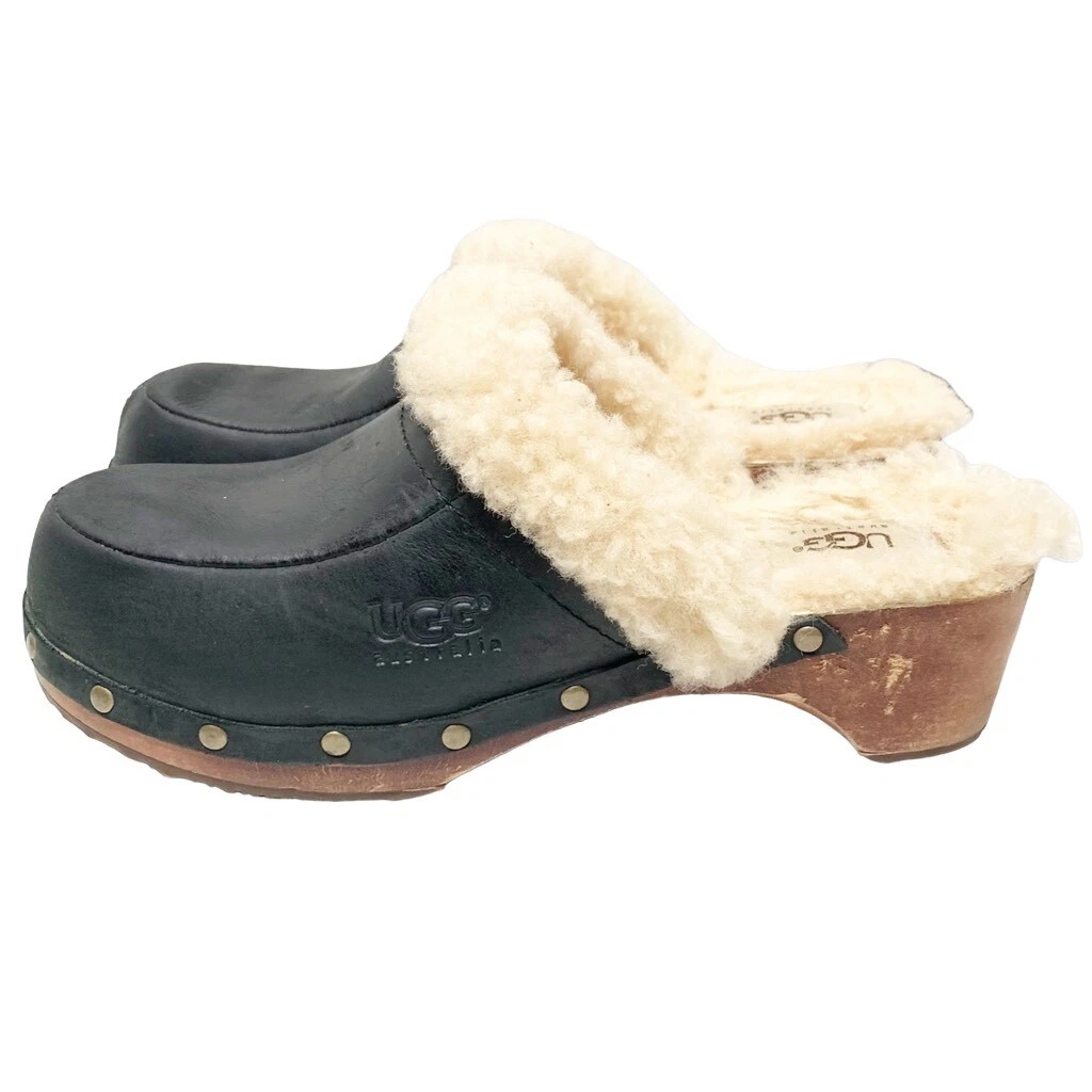 UGG Kalie Genuine Black Leather Sheepskin Lined Wooden Clogs Logo Women s Size 7