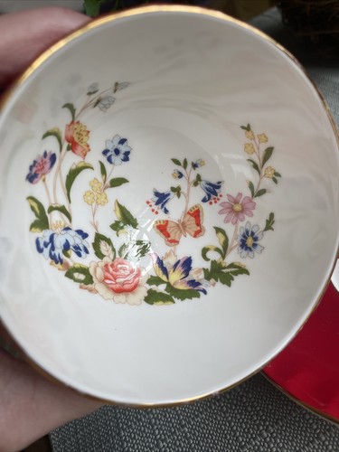 Aynsley England Cottage Garden Red Tea Cup & Saucer Trimmed In Gold Butterfly - Picture 6 of 6