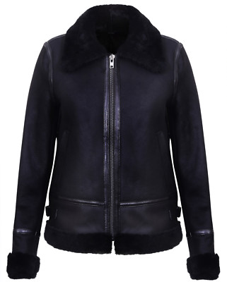  Damen schwarz echt 2. Weltkrieg Shearling Lammfell Flieger Pilot Leder Biker Jacke 