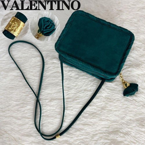 Valentino Garavani Green Suede Leather Crossbody Bag with Rose Charm and Woven