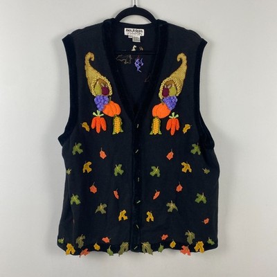 Jack B. Quick Vest Black Harvest Autumn Fall Design V-Neck Buttons Size 2XL