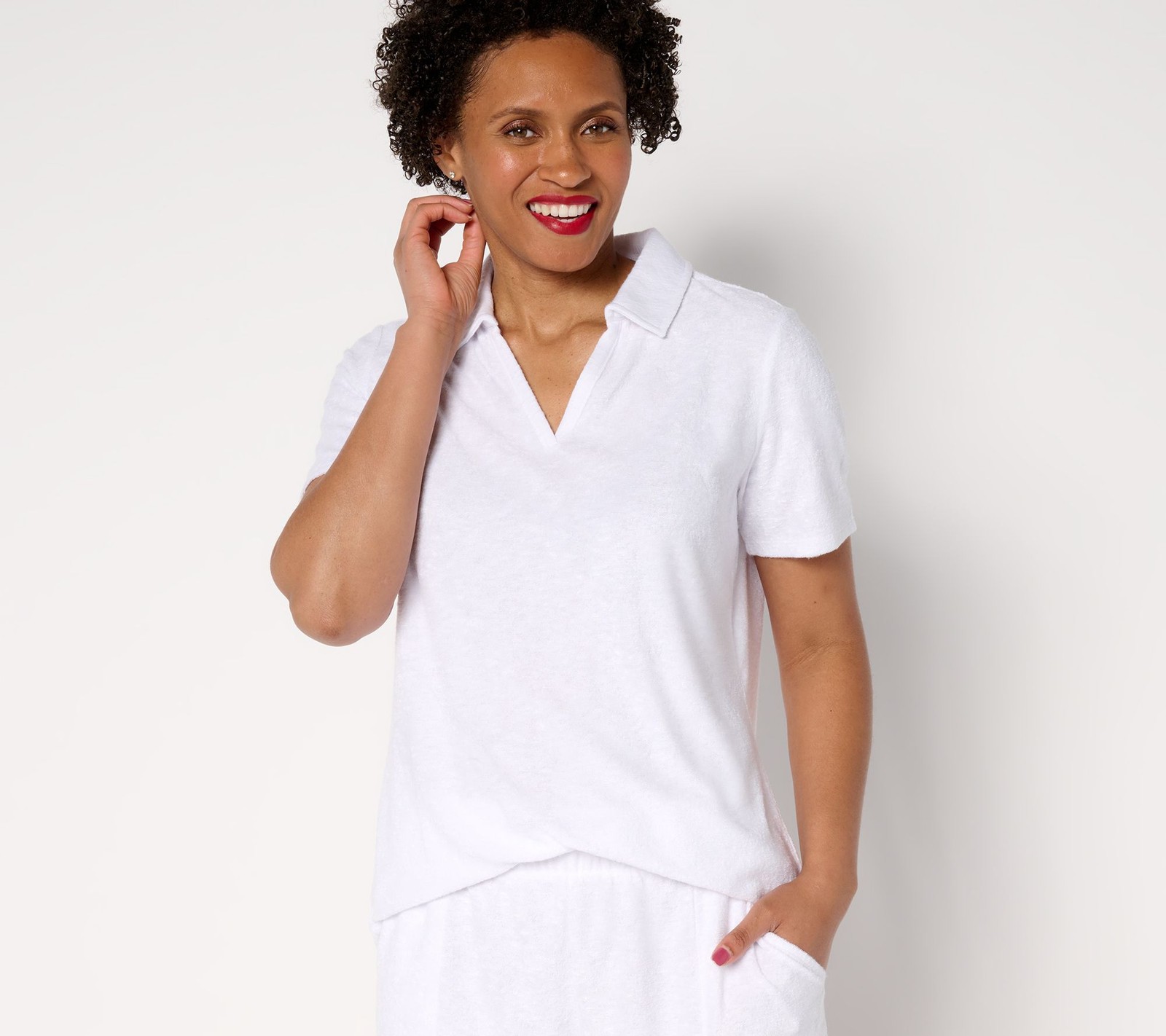 Belle by Kim Gravel Women's Top Sz XS Poolside Terry Slub Polo White A688398