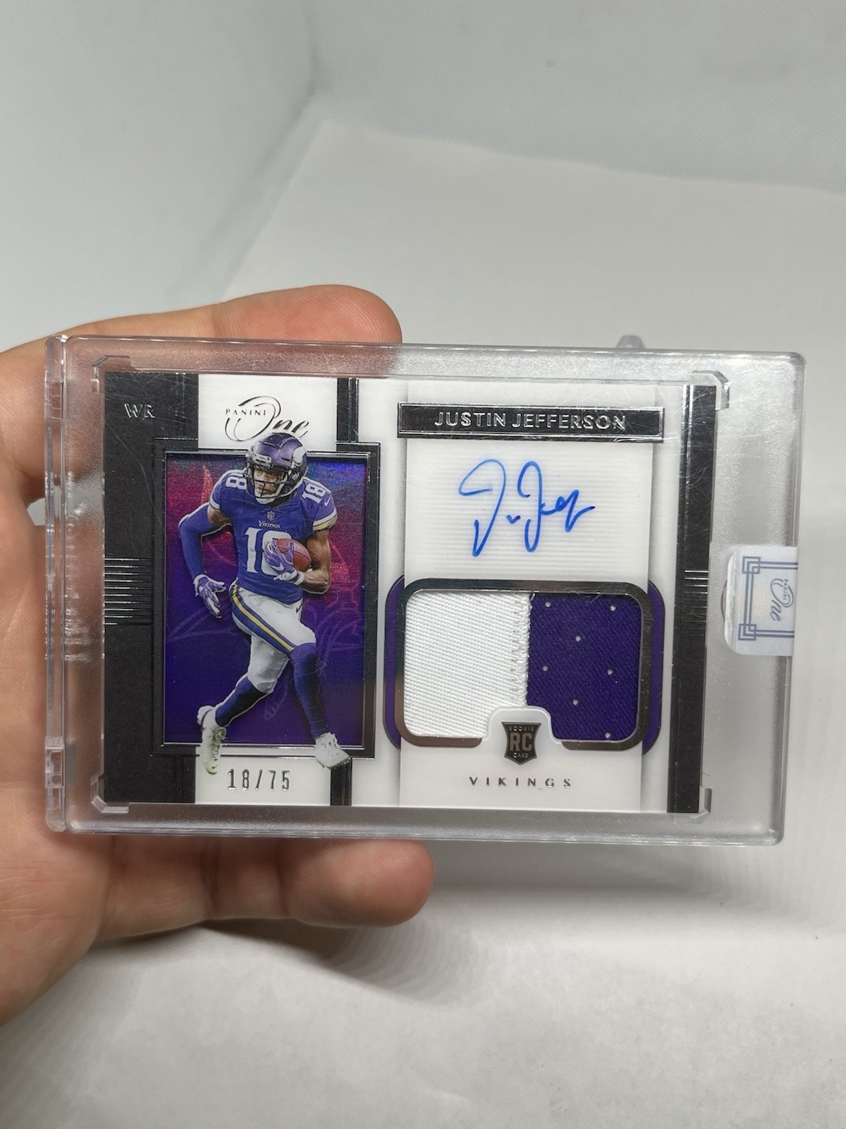 Justin Jefferson 2020 Panini One Rookie Premium Patch Auto 18/75 JERSEY NUMBER view 2
