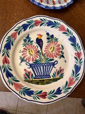 Grande Assiette Murale Faience HB Quimper Oiseau Corbeille De Fleurs
