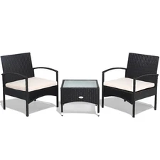Patiojoy 3 PCS Patio Rattan Furniture Set Coffee Table & 2 Cushioned Chairs