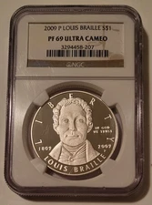 2009 P Louis Braille  Commemorative Silver Dollar Proof PF69 UC NGC