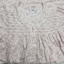 Miss Elaine Nightgown Size Medium Pink Bird Leaf Print Smocked Short Sleeve