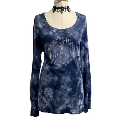Vtg Y2K Weatherproof Rhinestone Dyed Hippie Peace Sign Boho Blue Long Sleeve 