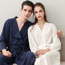 Spring Autumn White Couple V-Neck Long Bathrobe Summer New Waffle Casual Robe Go