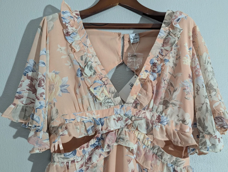 Angel Biba Dress Size 10 Peach Floral  NWT Back /Side Cut Out Frill Detail - image 4 of 4