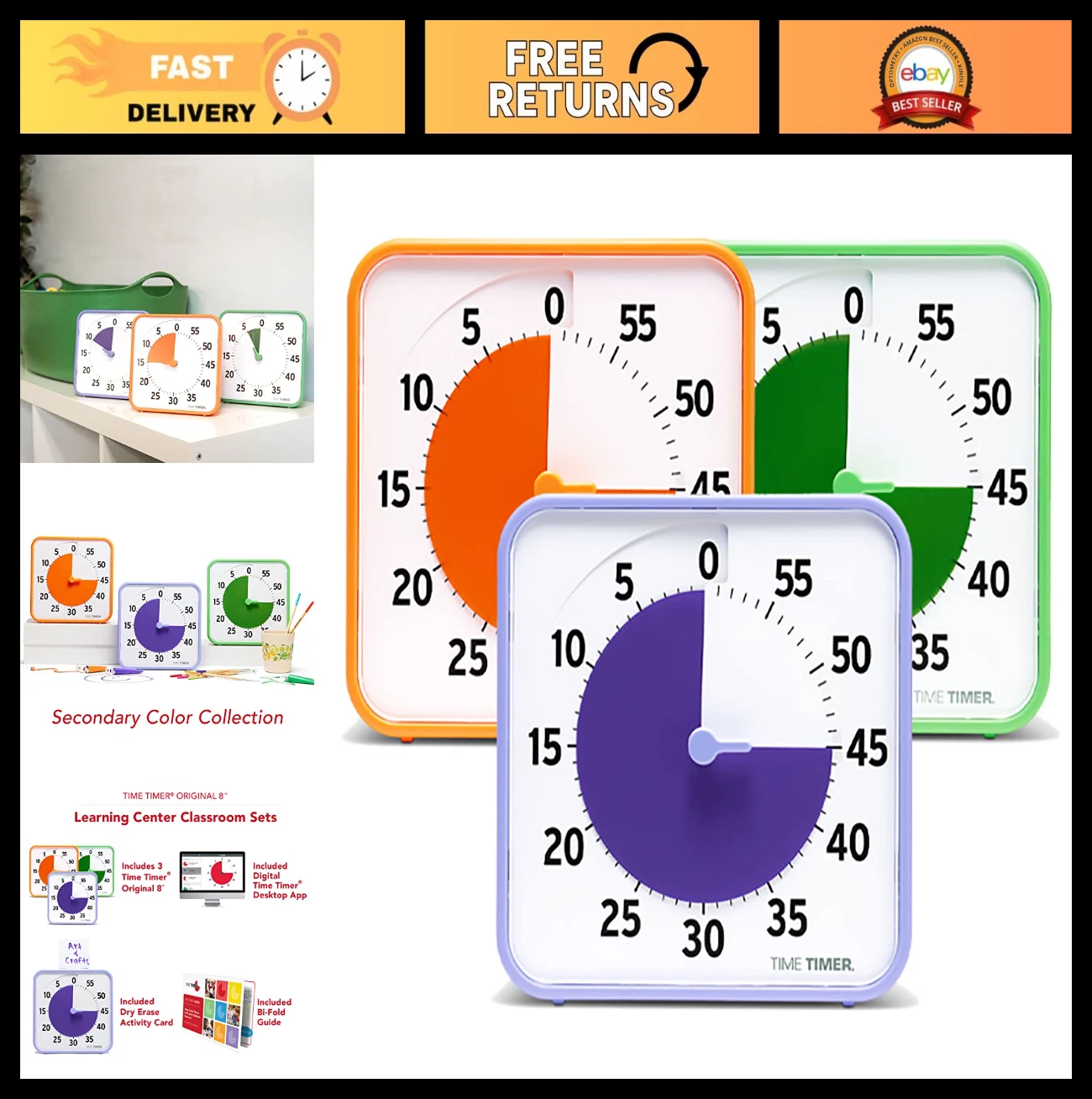 8" Visual Timer for Kids - 60 Minute Classroom Set with Dry Erase Cards (3-Pack)