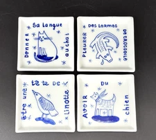 Fragonard French Tidbit Snack Plates Set of 4 "Sayings" Dishes 3.75" Square