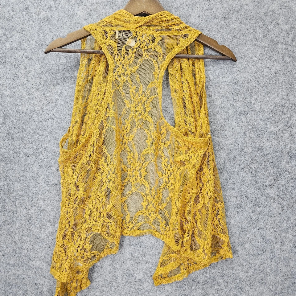 VTG FOREVER 21 Womens Lace Vest M Mustard Yellow Open Front Waterfall Cardigan   - Image 2 of 4