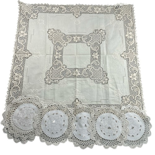Vtg Crochet Doilies Table Cover Square Mats Floral Beige Embroidered Scallop Lot