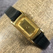 Vintage Seiko Women 2E20-1200 Black Leather Rectangular 12mm Quartz Watch 6"