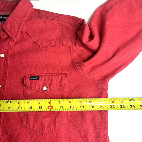 Wrangler Shirt Red LS Solid Western Pearl Snap Brushpopper VTG USA Made 16.5-35 - Picture 9 of 10