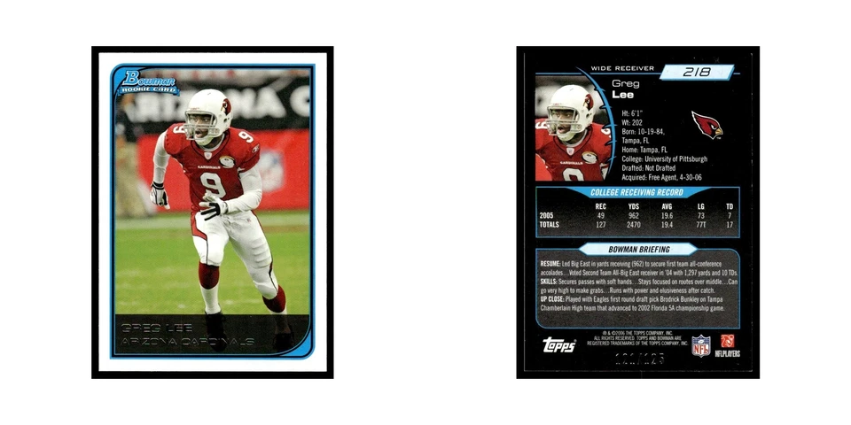 2006 Bowman Greg Lee RC 121/125 Cardinals #218 - Image 3 of 3