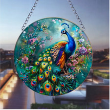 Classic Peacock Art Suncatcher- 6" Stained Glass Look, Acrylic, Great Gift