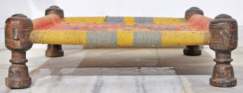 Antique Wooden Square Floor Sitting Knitted Small Stool Original Old Hand Crafte - Picture 5 of 8