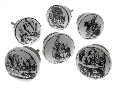 Cupboard Knobs Ceramic 'Alice in Wonderland' Black & White Drawer Set of 6 knobs