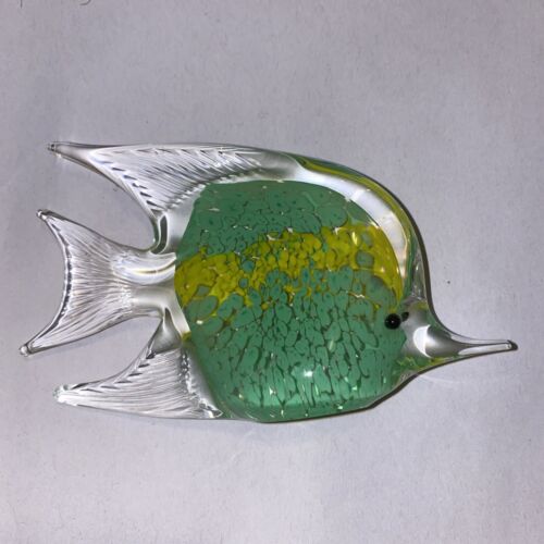 Green Yellow Angel Fish Clear Art Glass Paperweight - Picture 2 of 10