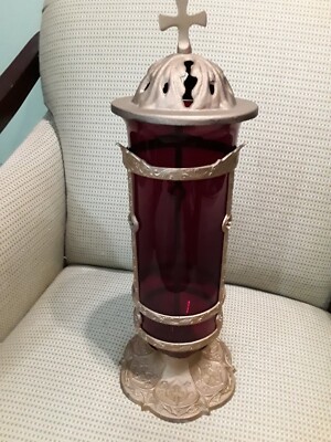 1930's Muench-Kreuzer Santuary Lamp w/ smoke cover, Ruby glass, gilded metal