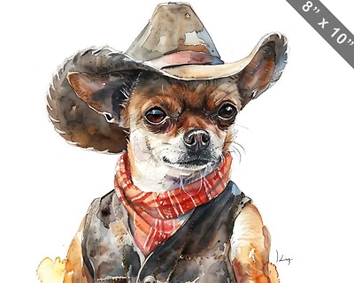 Chihuahua in a cowboy hat and vest watercolor painting 8x10 Print